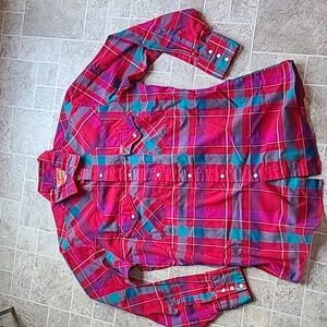 Ely Plains Pearl Snap Red Blue Plaid Western Shirt sz 15.5 32/33 Vintage 80s